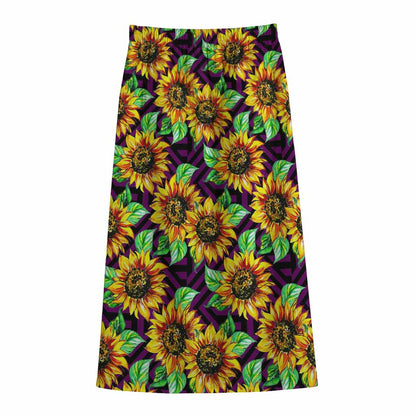 Purple Trippy Sunflower Pattern Print Cotton Front Slit Maxi Skirt