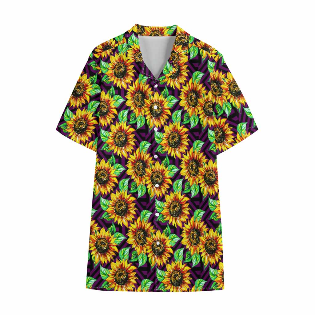 Purple Trippy Sunflower Pattern Print Cotton Hawaiian Shirt