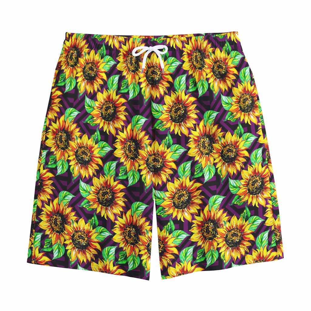 Purple Trippy Sunflower Pattern Print Cotton Shorts
