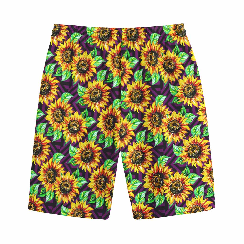 Purple Trippy Sunflower Pattern Print Cotton Shorts