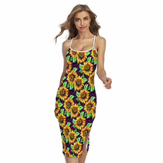 Purple Trippy Sunflower Pattern Print Cross Back Cami Dress