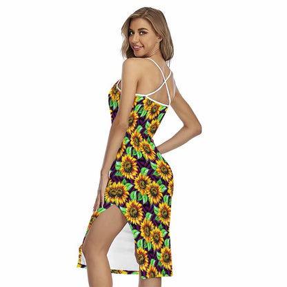 Purple Trippy Sunflower Pattern Print Cross Back Cami Dress