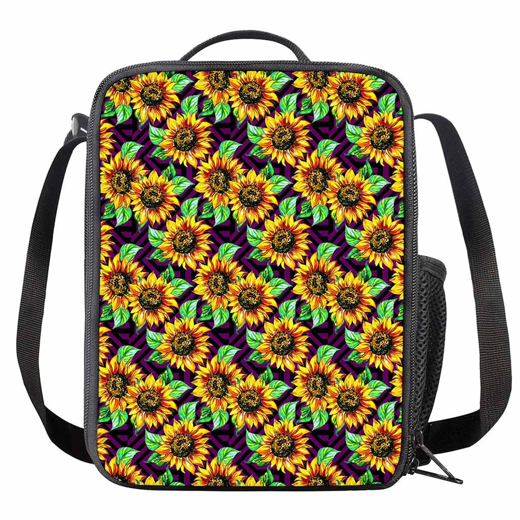 Purple Trippy Sunflower Pattern Print Crossbody Lunch Bag