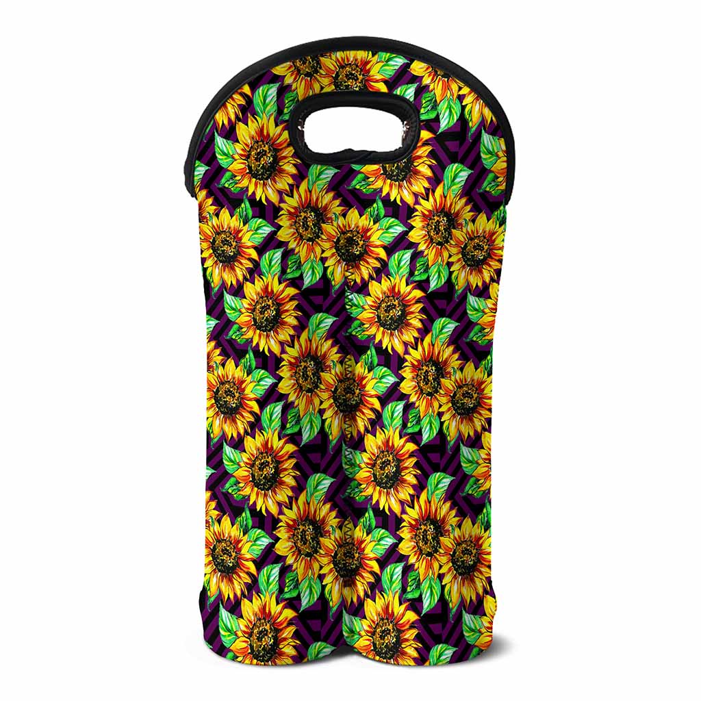 Purple Trippy Sunflower Pattern Print Double Neoprene Wine Tote