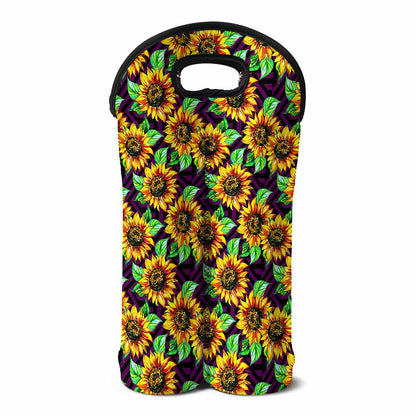 Purple Trippy Sunflower Pattern Print Double Neoprene Wine Tote