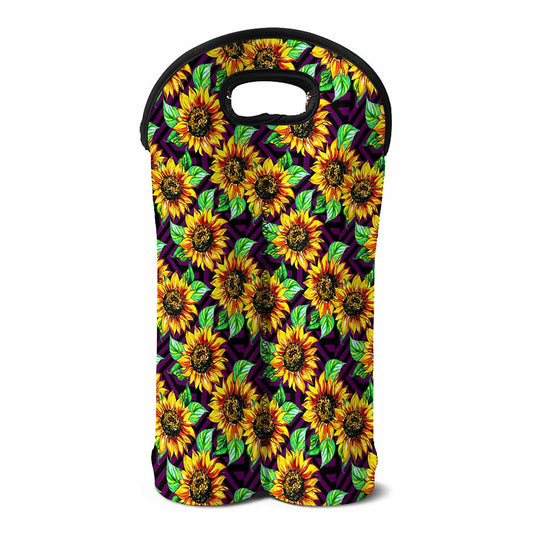 Purple Trippy Sunflower Pattern Print Double Neoprene Wine Tote