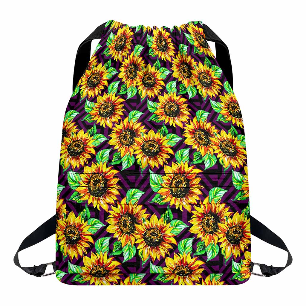 Purple Trippy Sunflower Pattern Print Drawstring Backpack