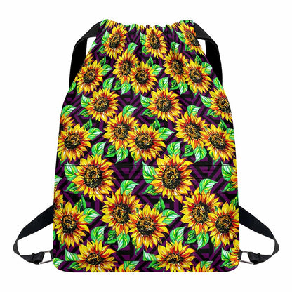 Purple Trippy Sunflower Pattern Print Drawstring Backpack