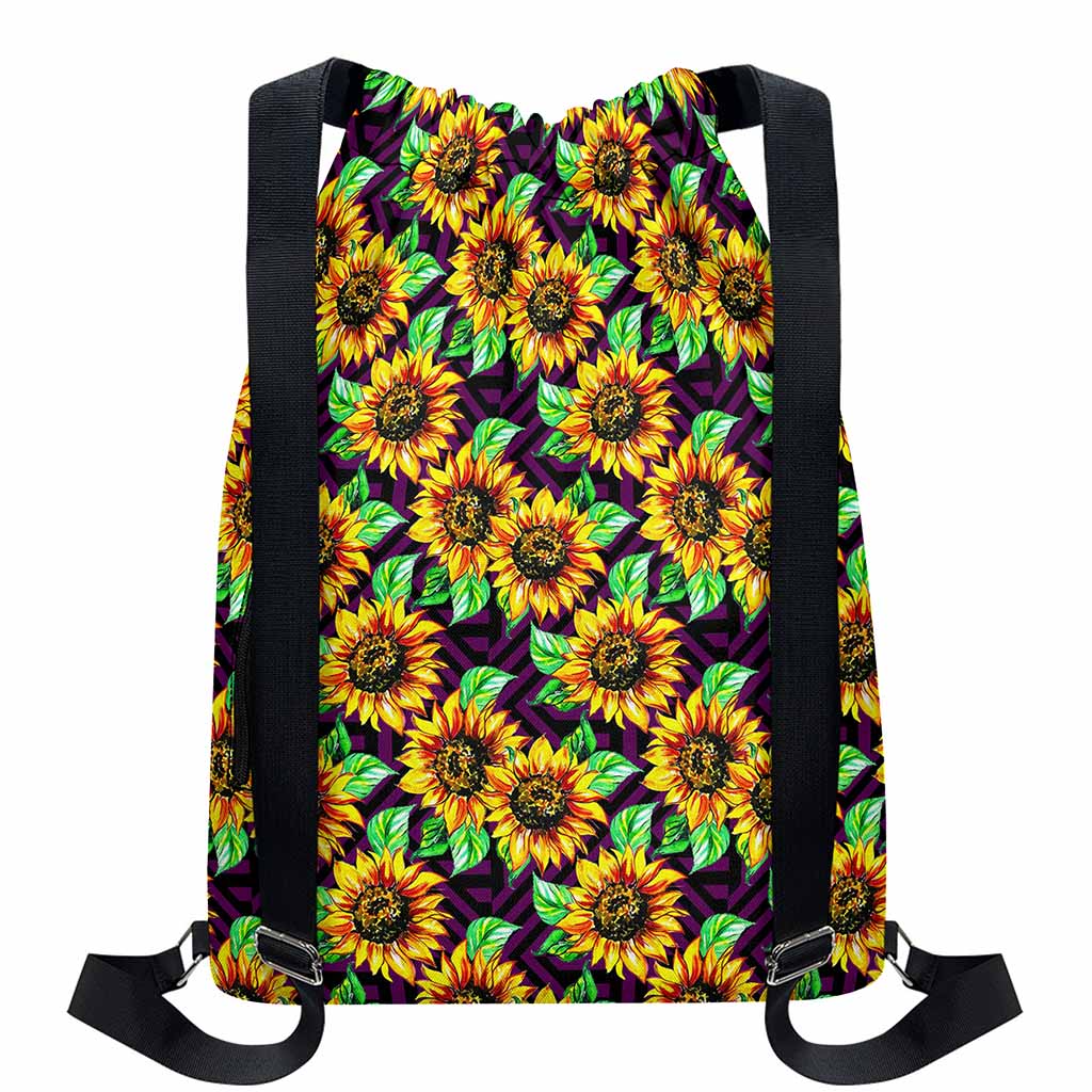 Purple Trippy Sunflower Pattern Print Drawstring Backpack
