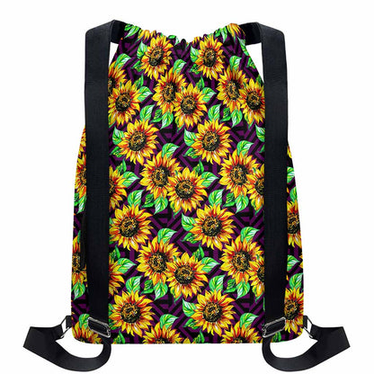 Purple Trippy Sunflower Pattern Print Drawstring Backpack