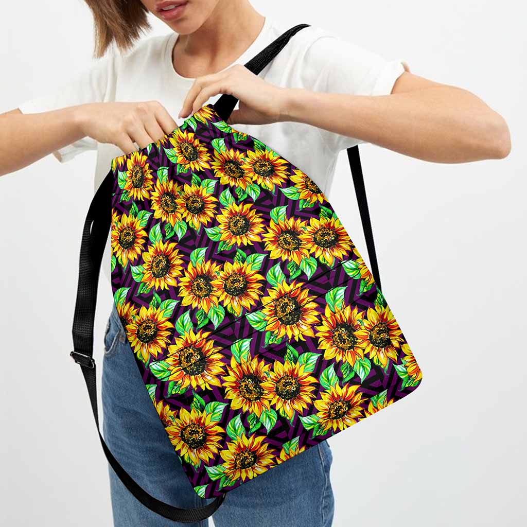 Purple Trippy Sunflower Pattern Print Drawstring Backpack
