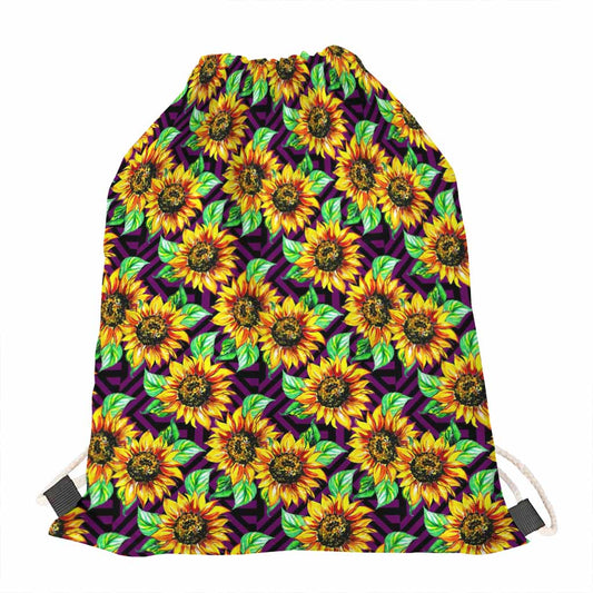 Purple Trippy Sunflower Pattern Print Drawstring Bag