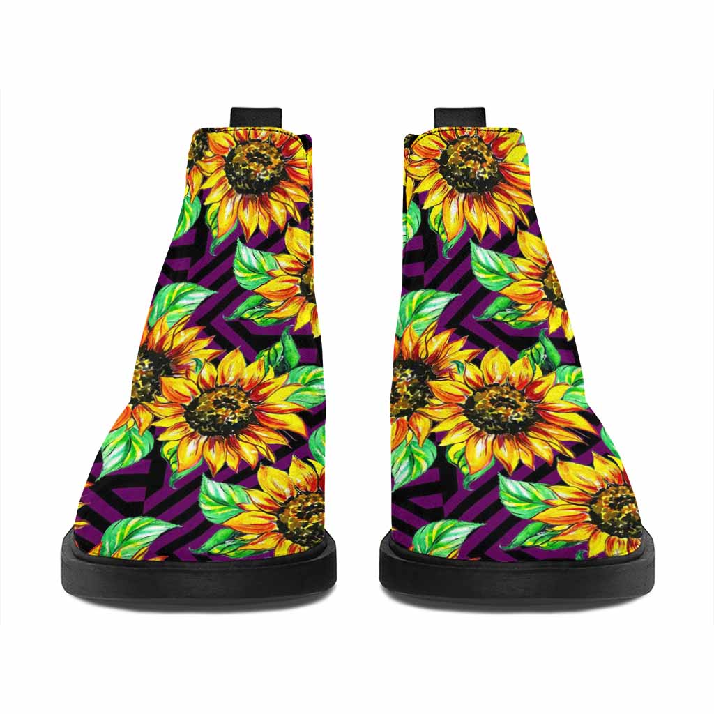 Purple Trippy Sunflower Pattern Print Flat Ankle Boots