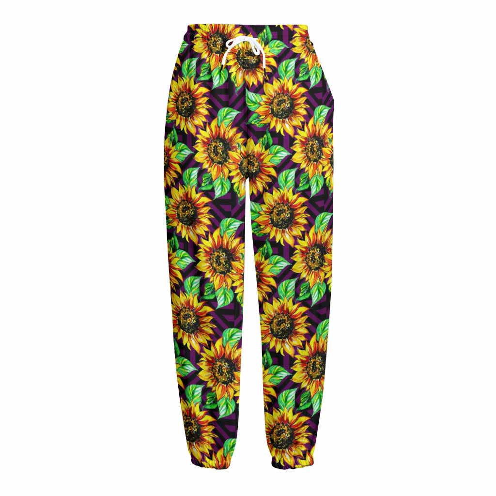 Purple Trippy Sunflower Pattern Print Fleece Lined Knit Pants