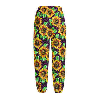 Purple Trippy Sunflower Pattern Print Fleece Lined Knit Pants
