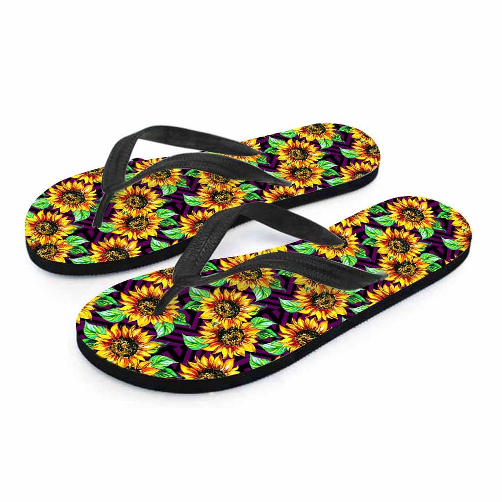 Purple Trippy Sunflower Pattern Print Flip Flops