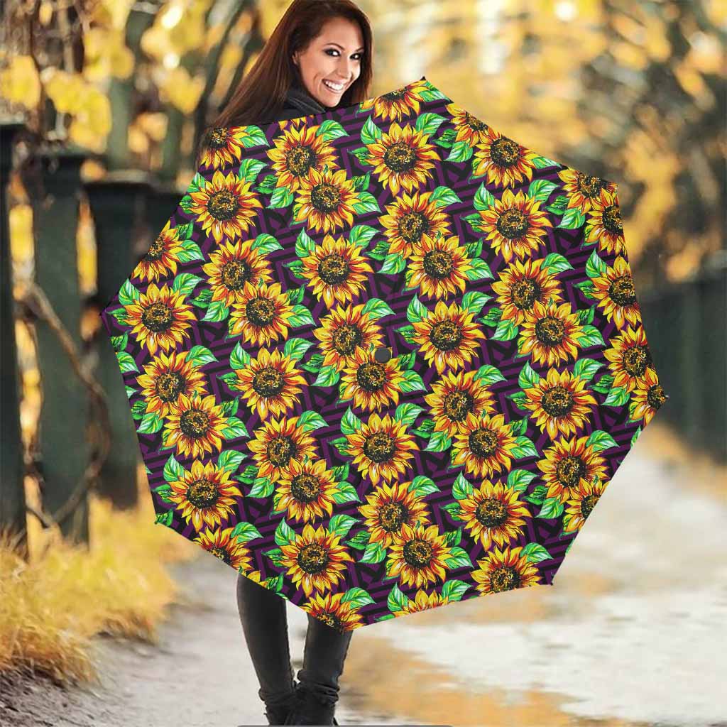 Purple Trippy Sunflower Pattern Print Foldable Umbrella