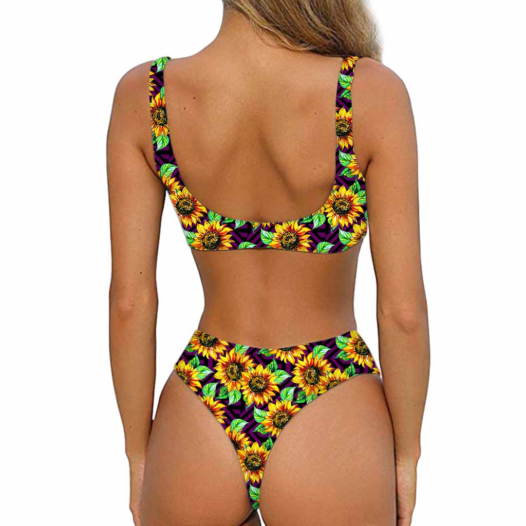 Purple Trippy Sunflower Pattern Print Front Bow Tie Bikini