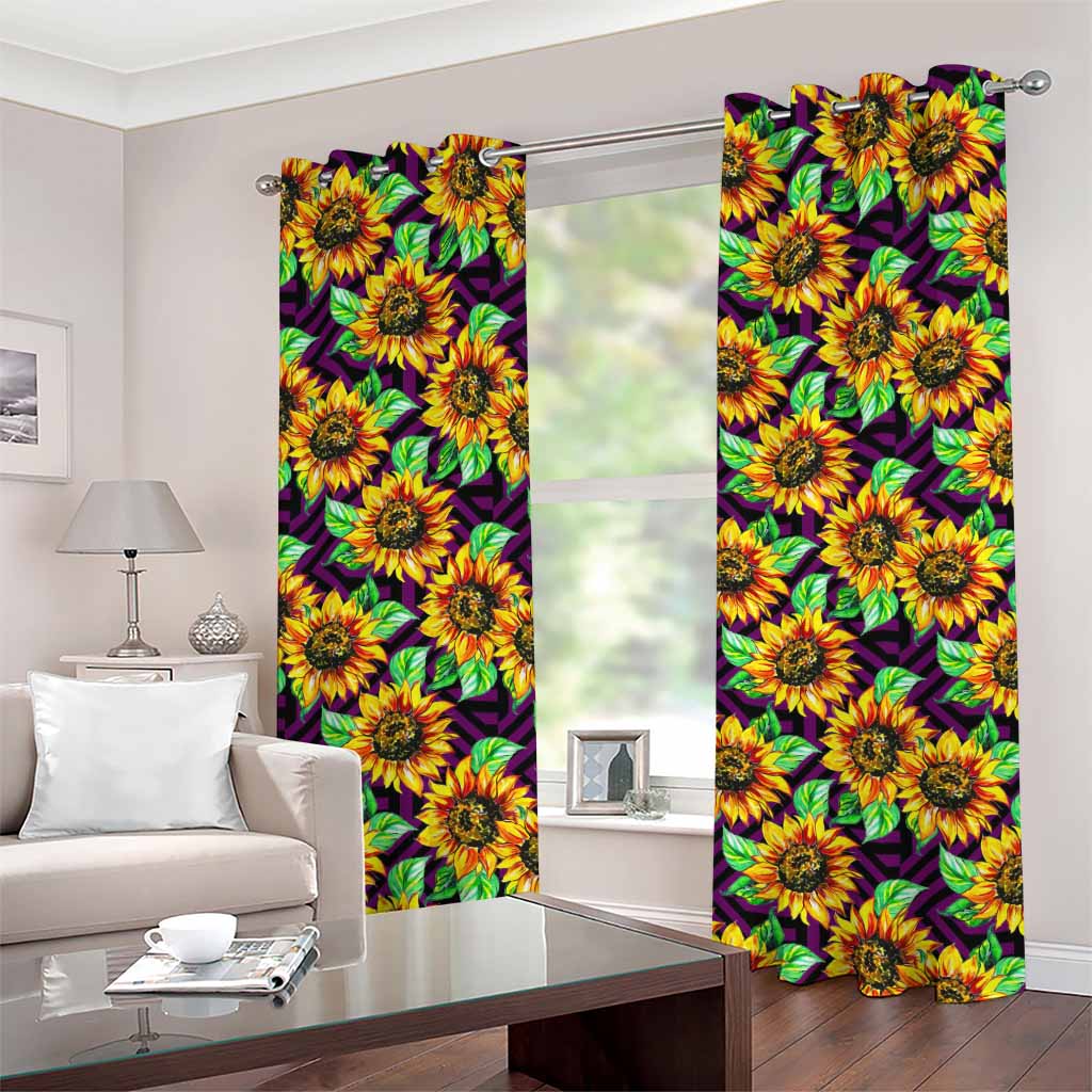 Purple Trippy Sunflower Pattern Print Grommet Curtains