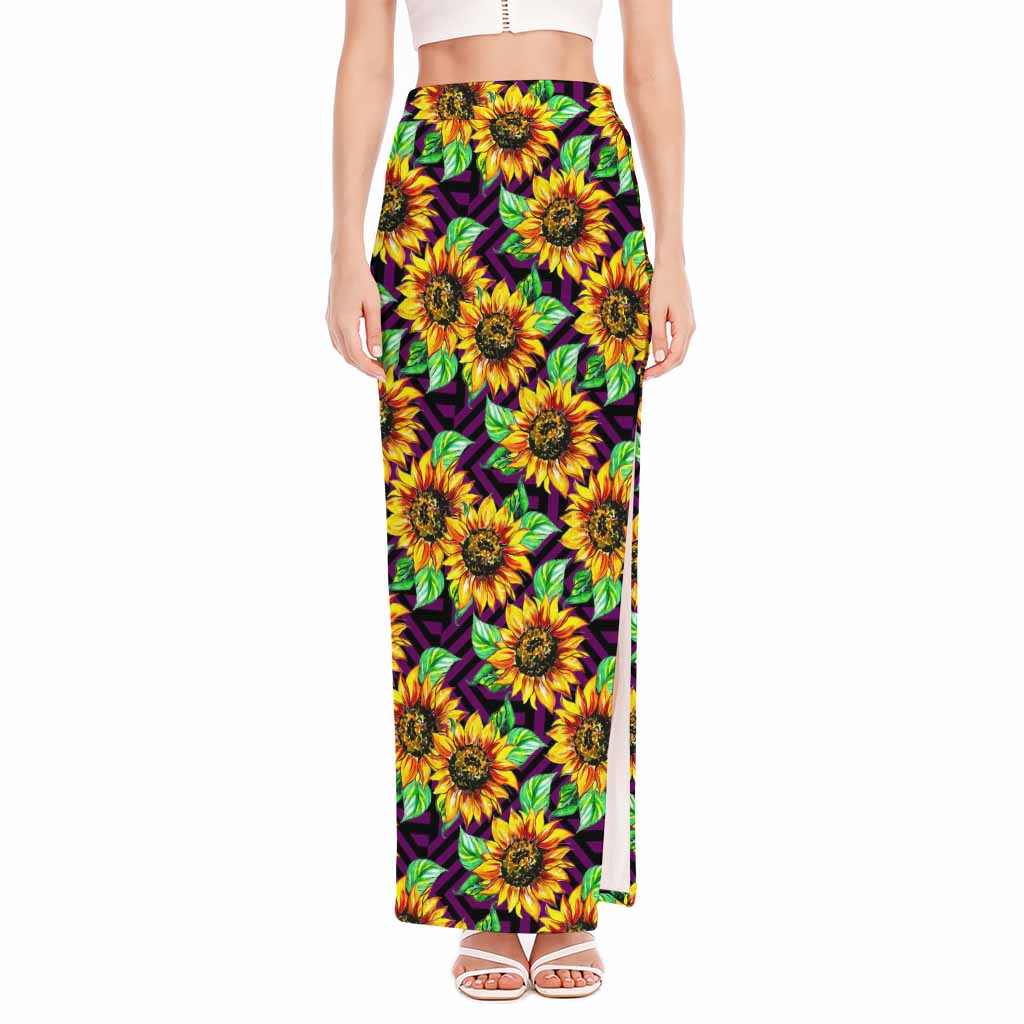 Purple Trippy Sunflower Pattern Print High Slit Maxi Skirt