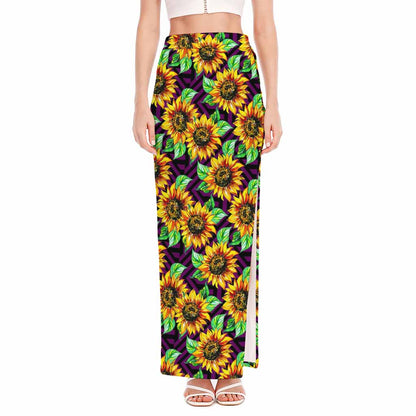 Purple Trippy Sunflower Pattern Print High Slit Maxi Skirt