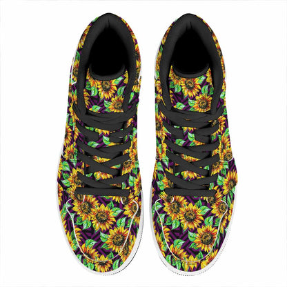 Purple Trippy Sunflower Pattern Print High Top Leather Sneakers