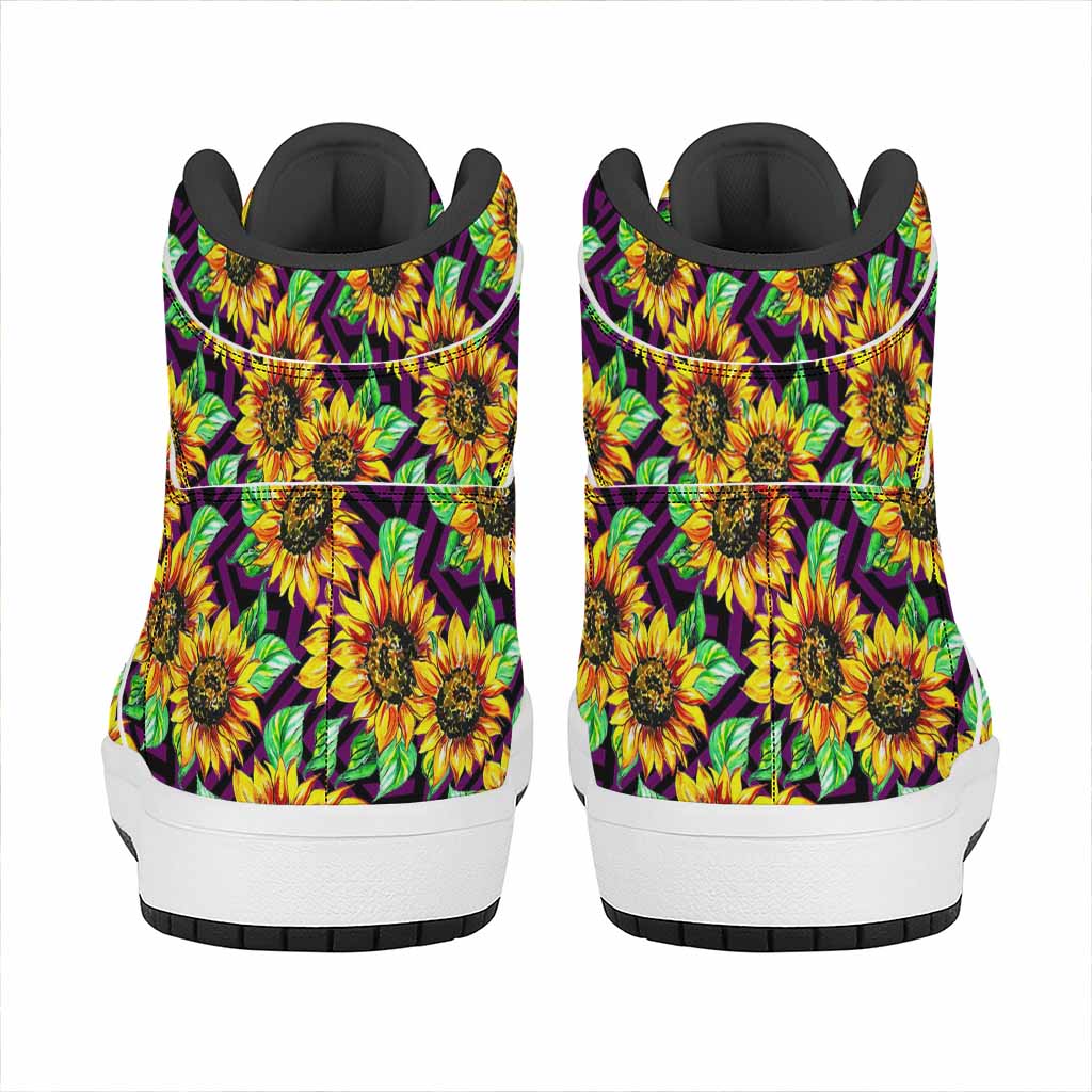 Purple Trippy Sunflower Pattern Print High Top Leather Sneakers