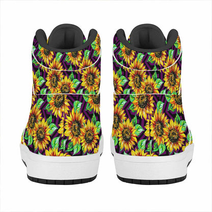 Purple Trippy Sunflower Pattern Print High Top Leather Sneakers
