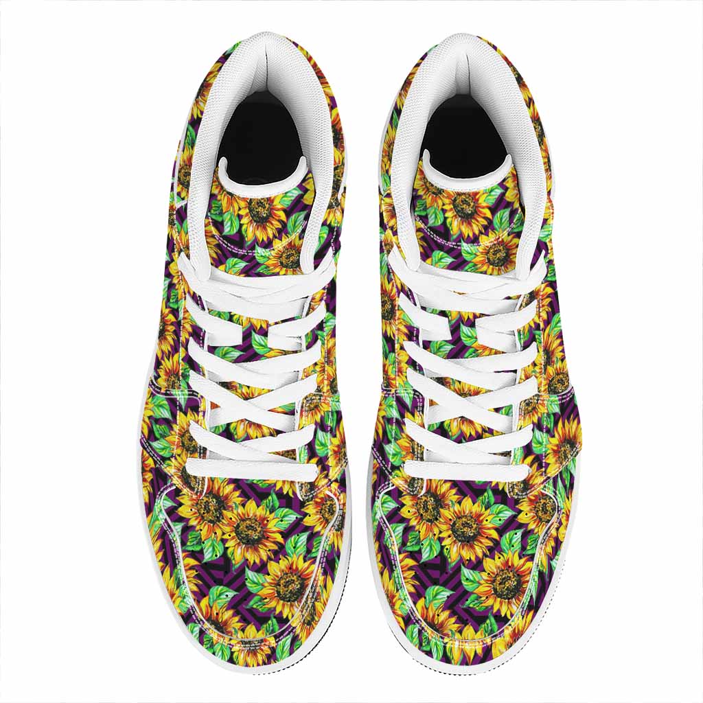 Purple Trippy Sunflower Pattern Print High Top Leather Sneakers