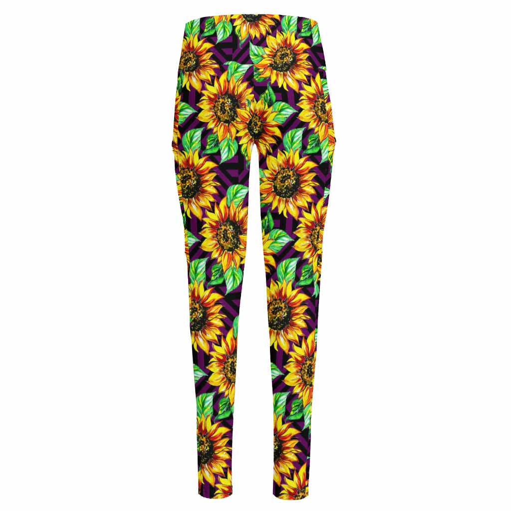 Purple Trippy Sunflower Pattern Print High-Waisted Pocket Leggings