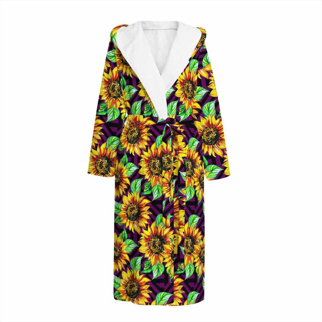 Purple Trippy Sunflower Pattern Print Hooded Bathrobe