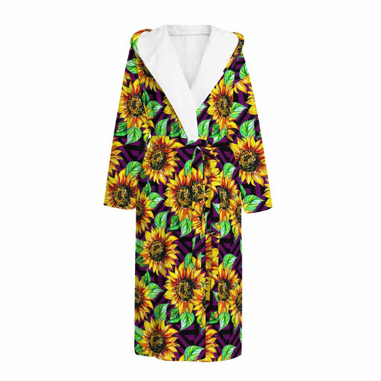 Purple Trippy Sunflower Pattern Print Hooded Bathrobe