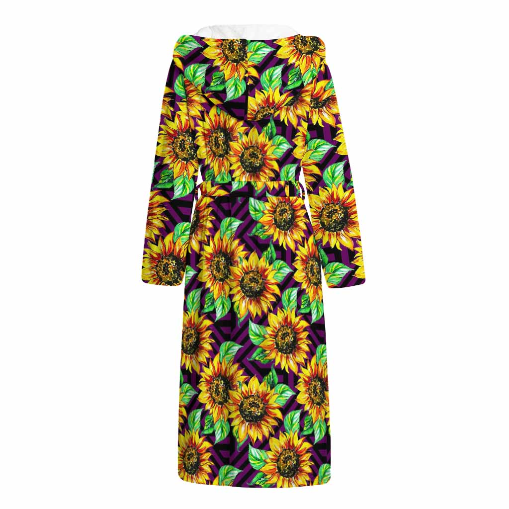 Purple Trippy Sunflower Pattern Print Hooded Bathrobe