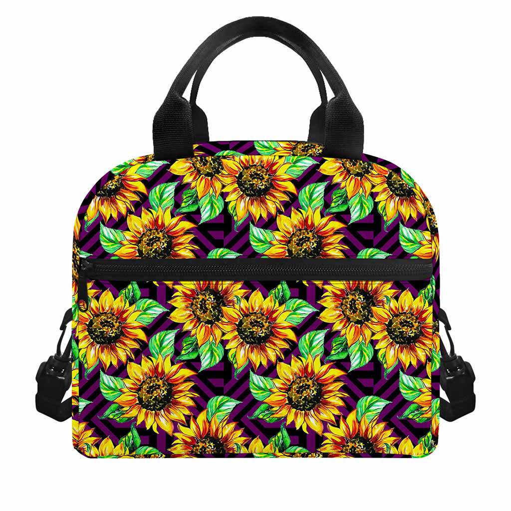 Purple Trippy Sunflower Pattern Print Insulated Lunch Bag