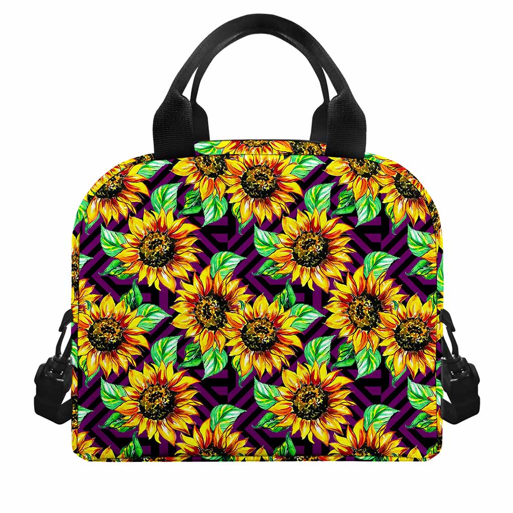 Purple Trippy Sunflower Pattern Print Insulated Lunch Bag