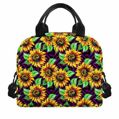 Purple Trippy Sunflower Pattern Print Insulated Lunch Bag