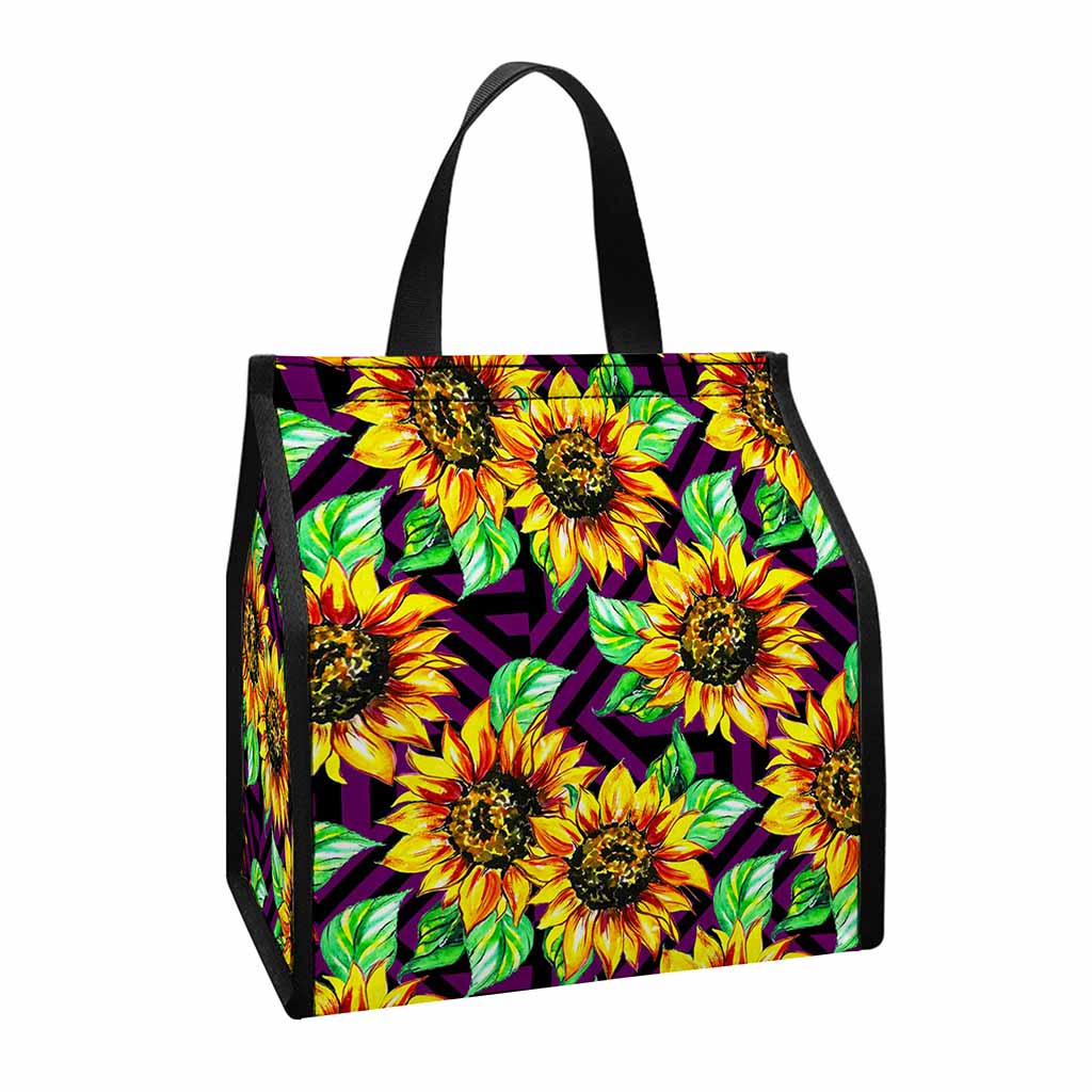 Purple Trippy Sunflower Pattern Print Insulated Lunch Tote