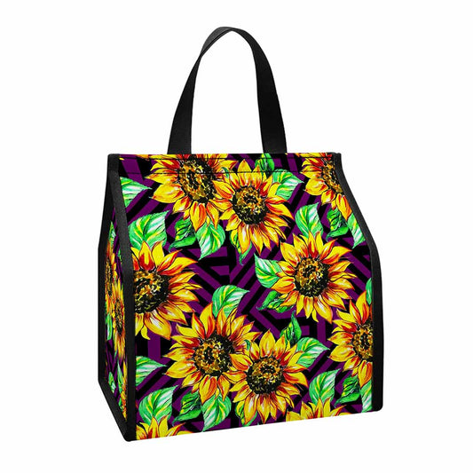 Purple Trippy Sunflower Pattern Print Insulated Lunch Tote