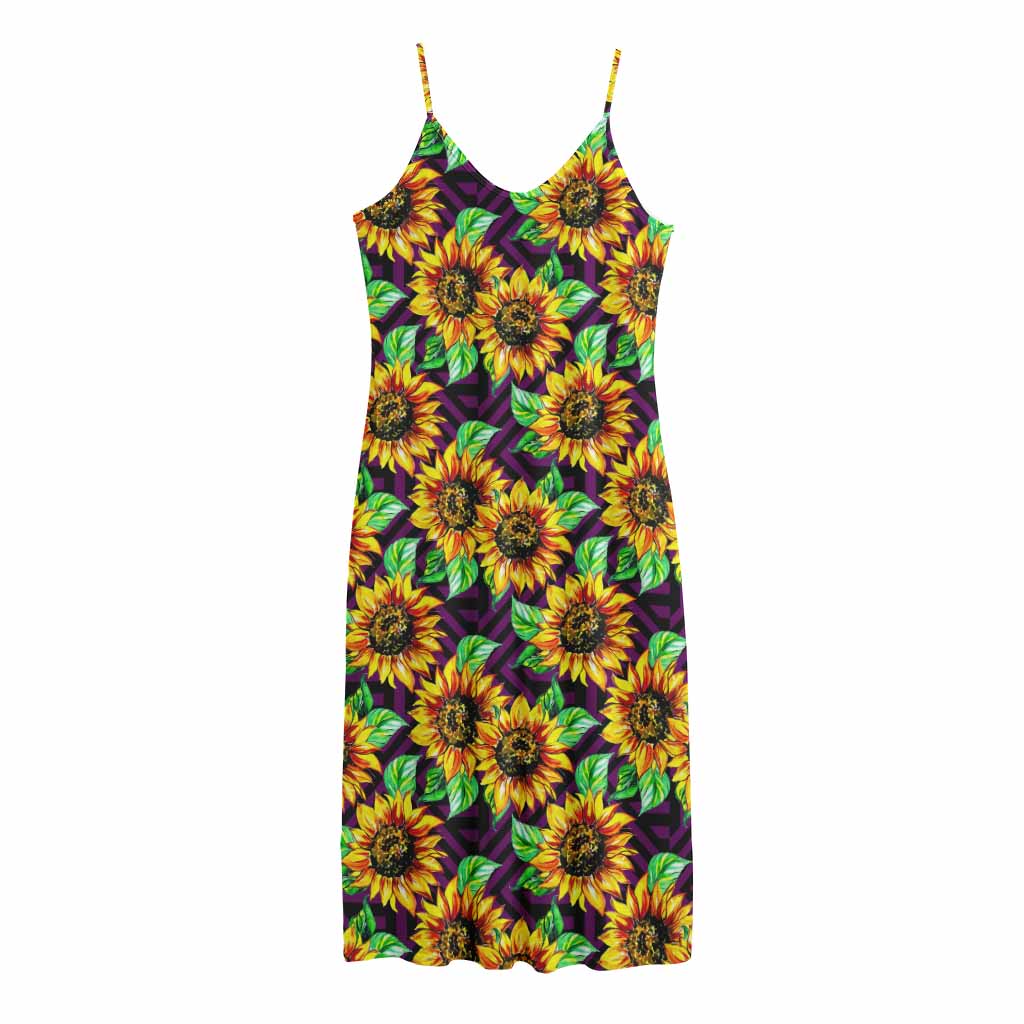 Purple Trippy Sunflower Pattern Print Jersey Midi Cami Dress