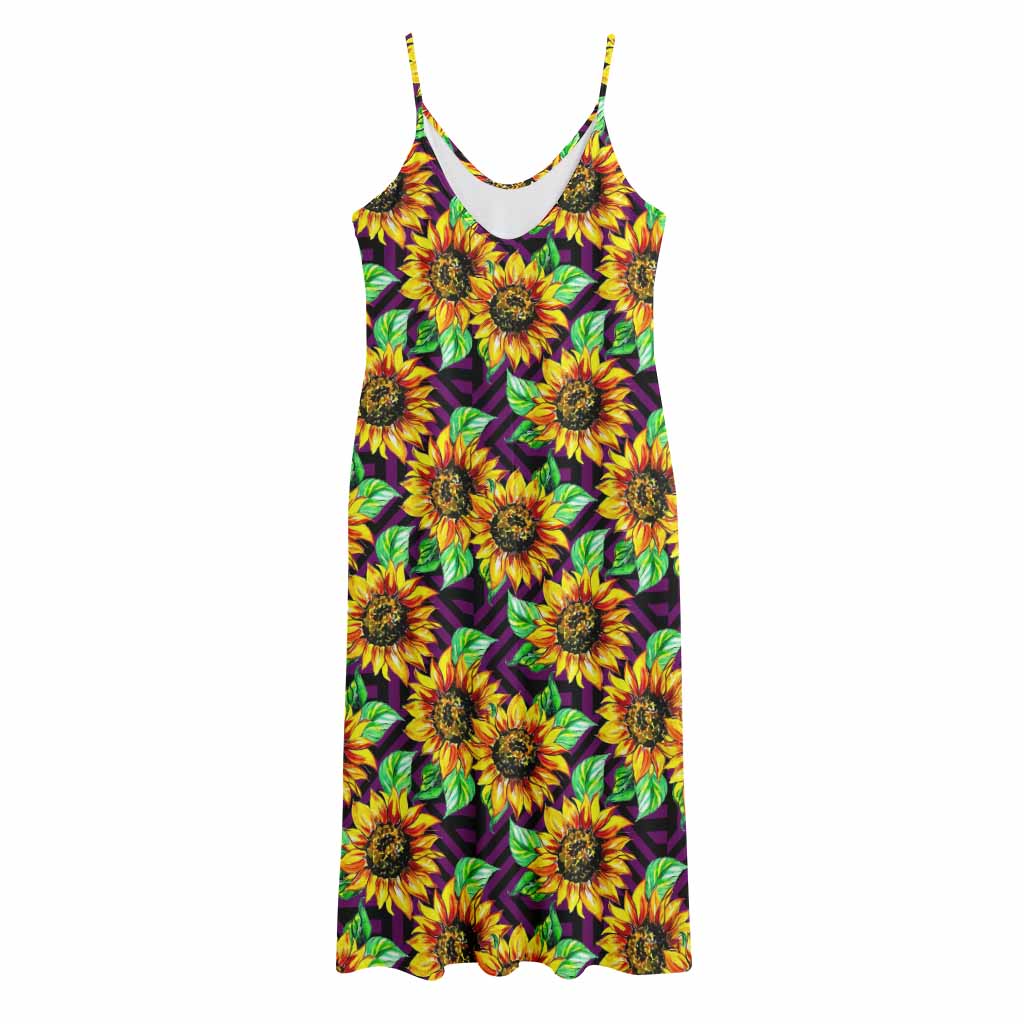 Purple Trippy Sunflower Pattern Print Jersey Midi Cami Dress