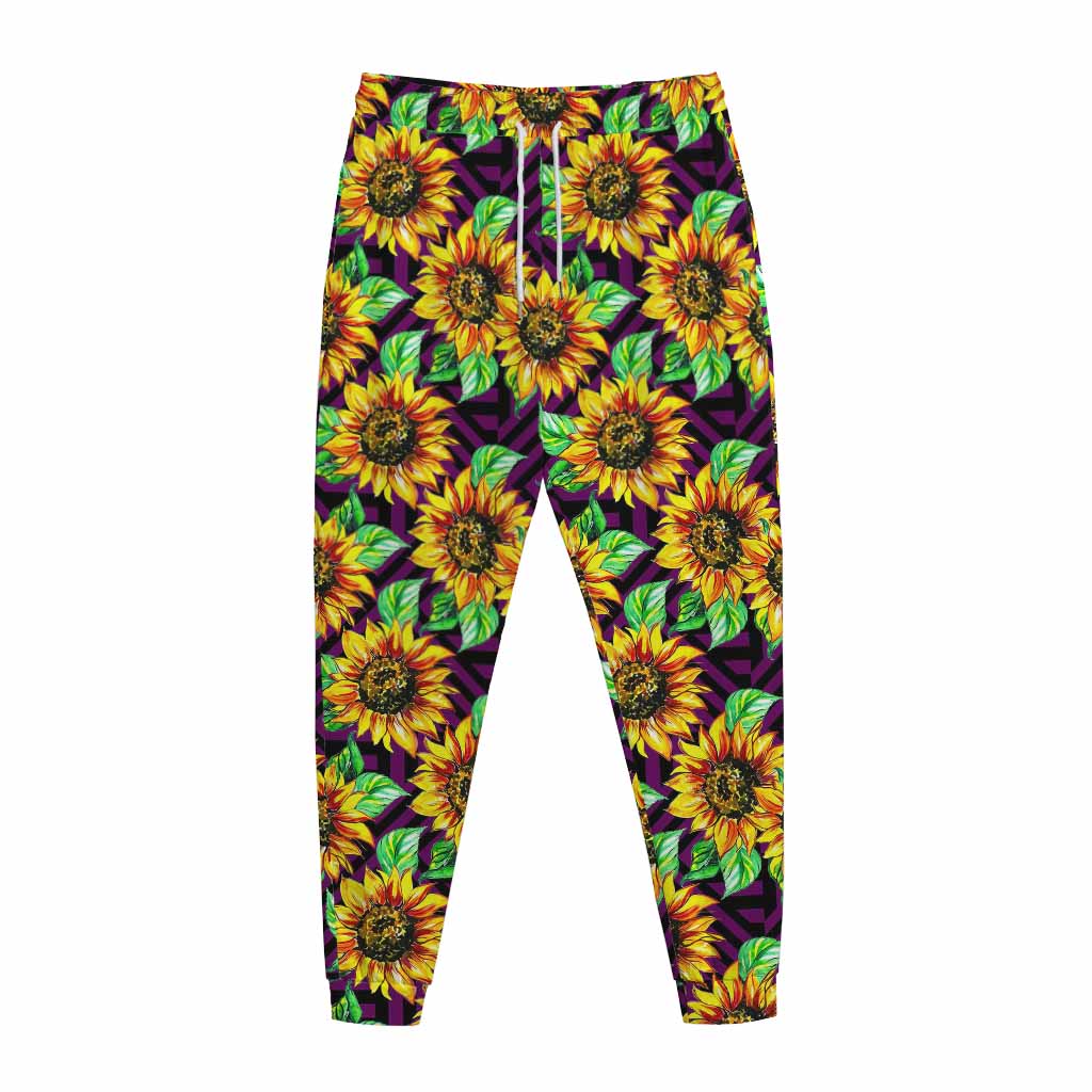 Purple Trippy Sunflower Pattern Print Jogger Pants