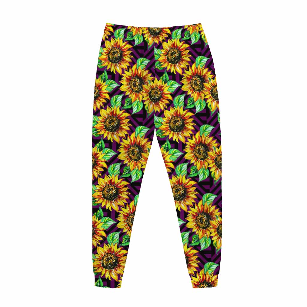 Purple Trippy Sunflower Pattern Print Jogger Pants