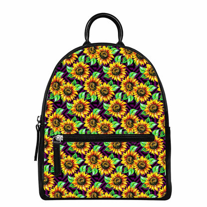 Purple Trippy Sunflower Pattern Print Leather Backpack