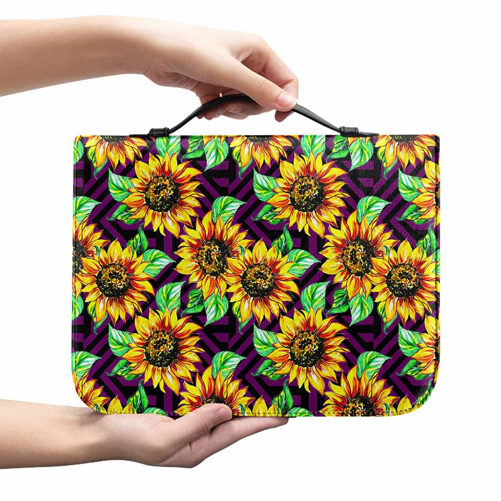 Purple Trippy Sunflower Pattern Print Leather Bible Cover