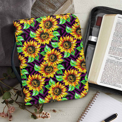 Purple Trippy Sunflower Pattern Print Leather Bible Cover