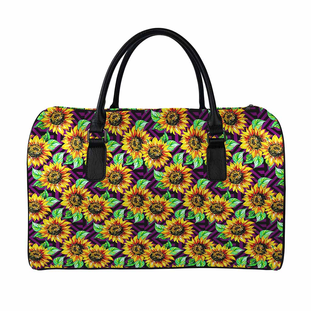 Purple Trippy Sunflower Pattern Print Leather Duffle Bag