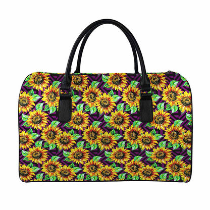 Purple Trippy Sunflower Pattern Print Leather Duffle Bag