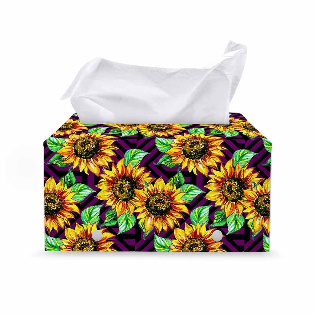 Purple Trippy Sunflower Pattern Print Leather Tissue Box Cover