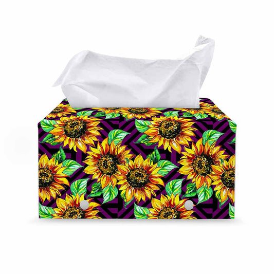 Purple Trippy Sunflower Pattern Print Leather Tissue Box Cover