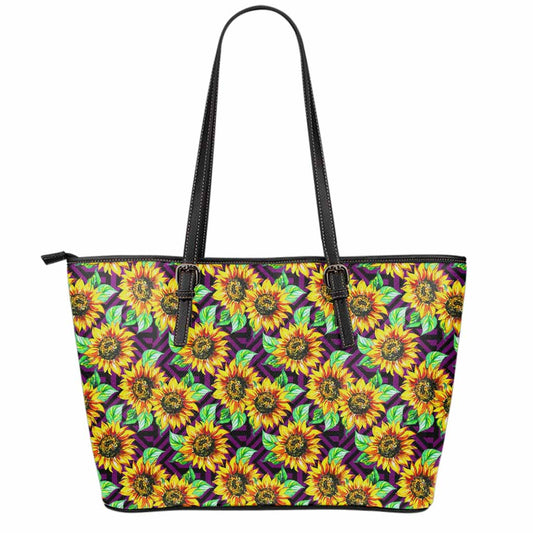 Purple Trippy Sunflower Pattern Print Leather Tote Bag